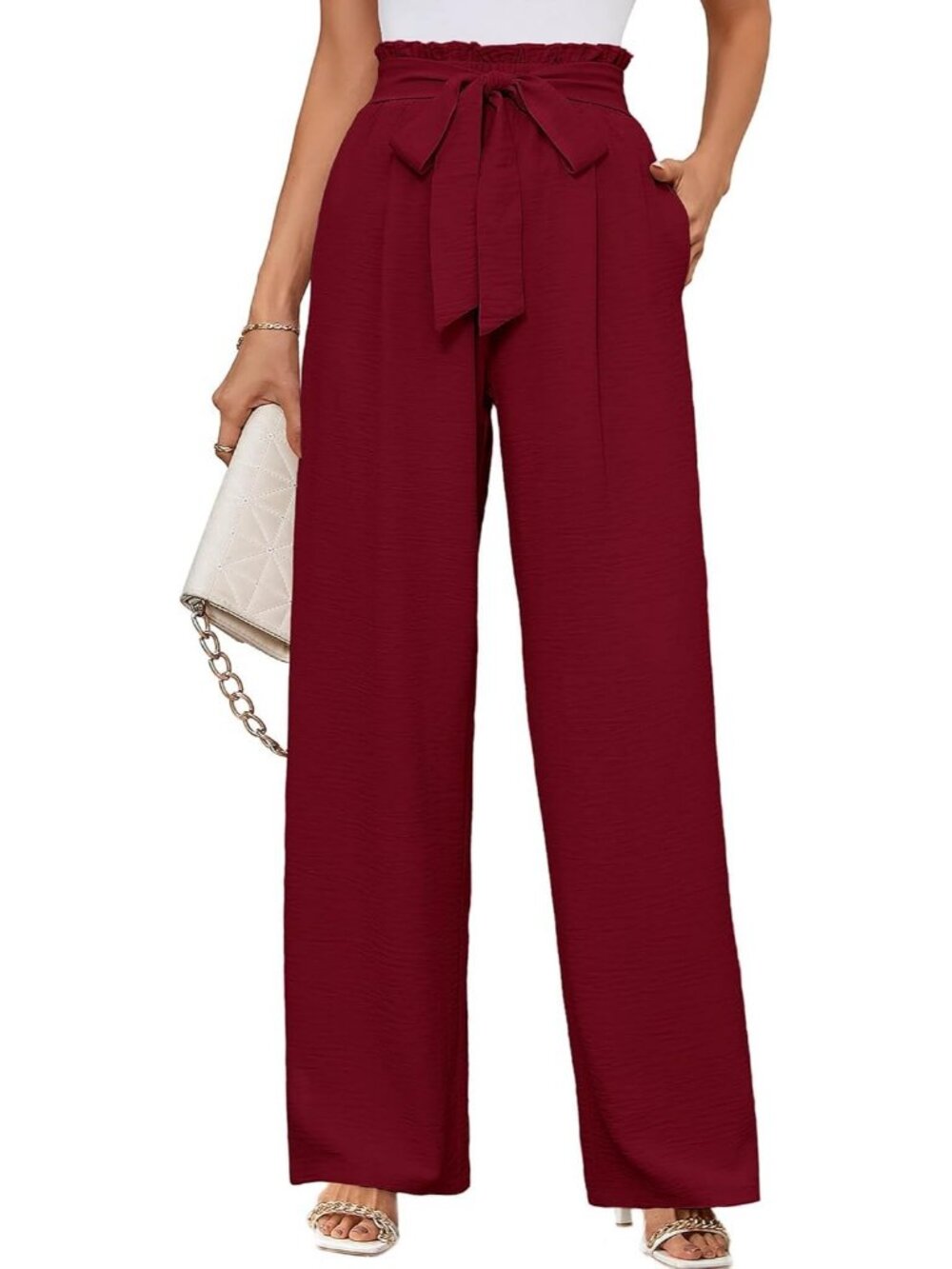 Women's Burgundy Wide Leg Pant High Waisted Tie Knot Loose Comfy Casual Trouser